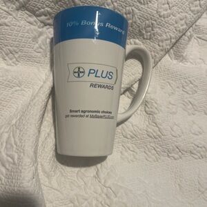Bayer Plus Rewards Mug Blue and White Ceramic 6” High